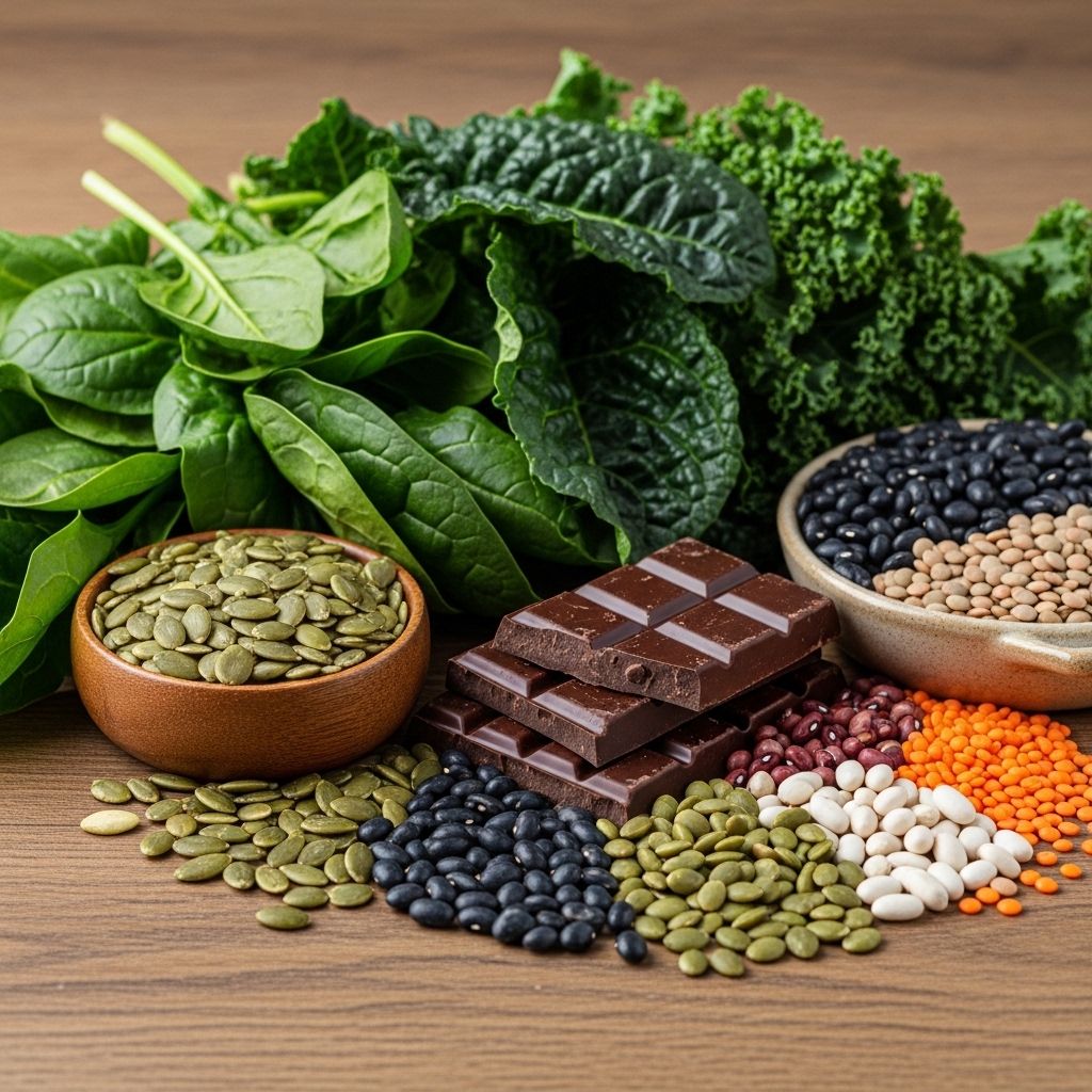 A variety of magnesium-rich foods including dark leafy greens, pumpkin seeds, dark chocolate and legumes displayed on a rustic kitchen surface