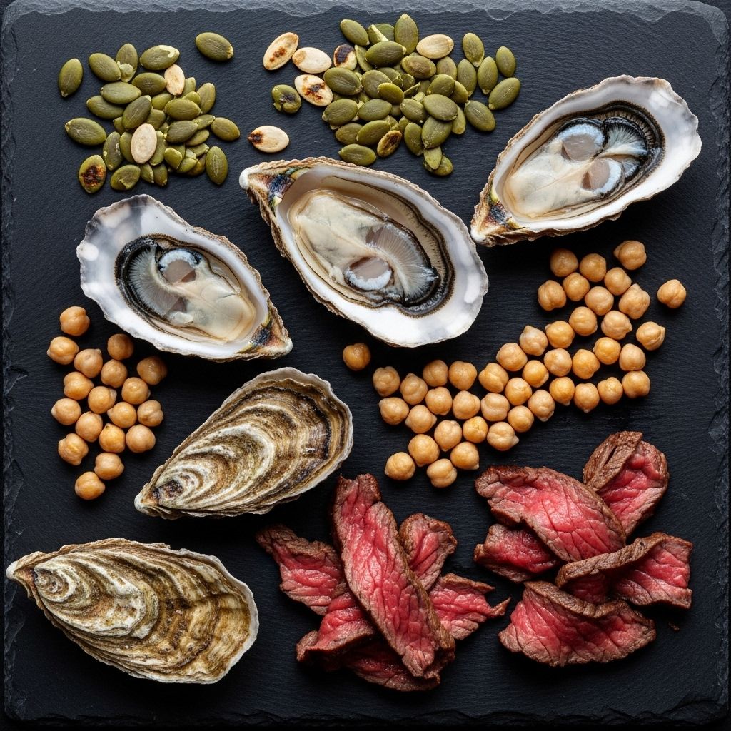 Oysters, pumpkin seeds, chickpeas and beef arranged on a dark slate surface as natural zinc-rich food sources