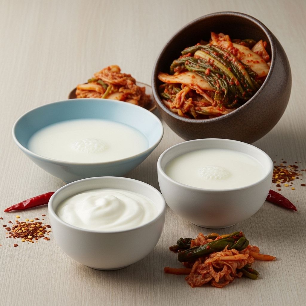 Fermented foods including natural yoghurt, kefir and kimchi displayed in ceramic bowls on a light wooden surface representing probiotic food sources
